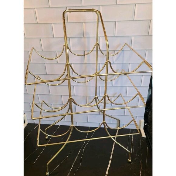 Vintage Gold Brass Wine Rack 9 Bottle Liquor Holder Bar Caddy w Handle MCM Retro - Picture 6 of 12